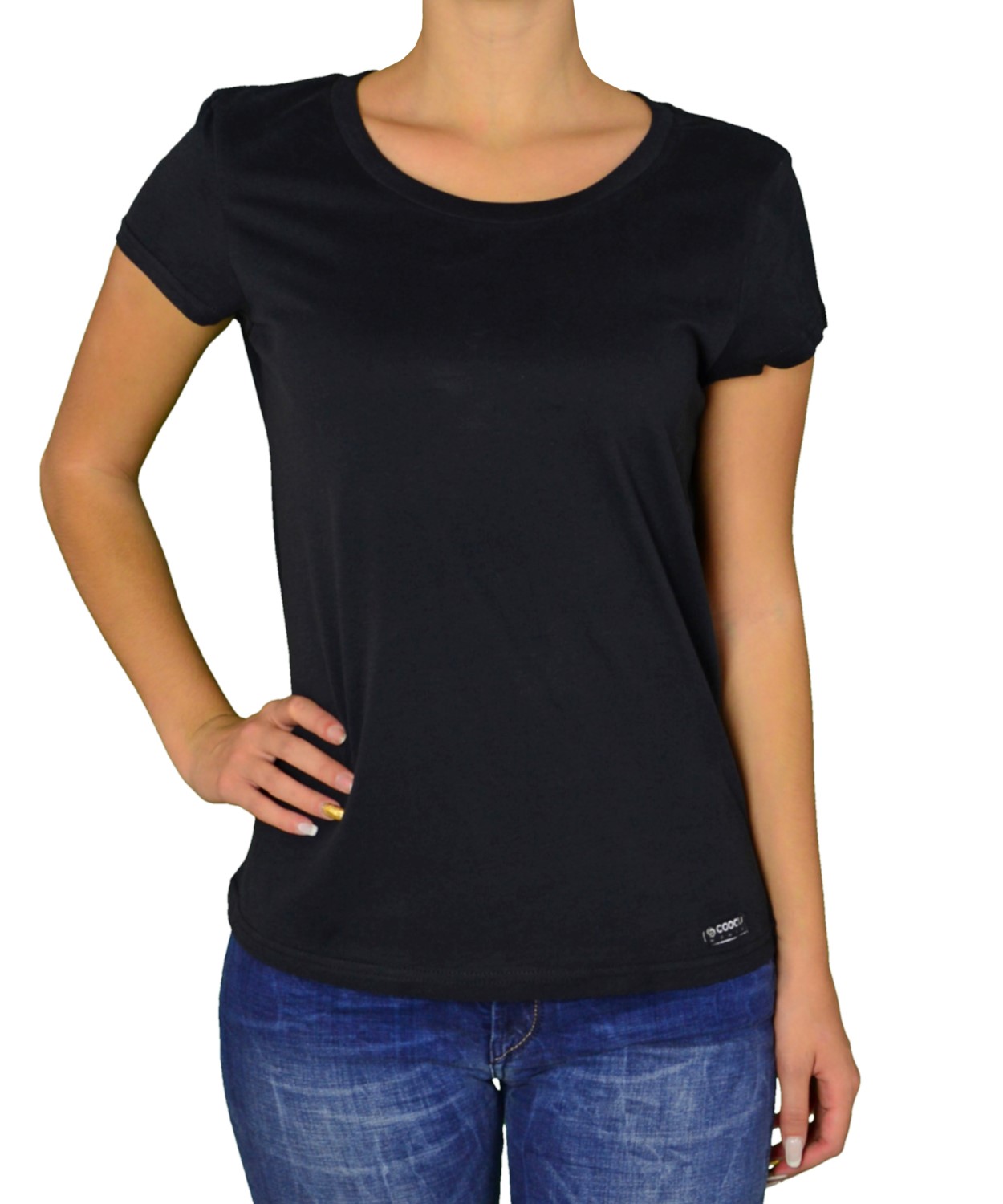 Γυναικεία κοντομάνικη μπλούζα Coocu μαύρη με λαιμόκοψη 31702BF